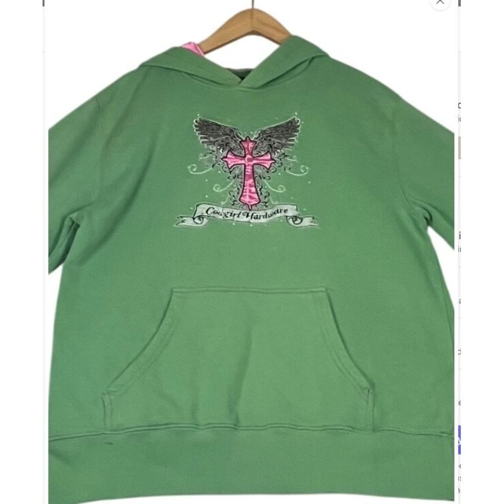 Cowgirl Hardware Green Hoodie Pink Satin Cross Rhinestone Western XL